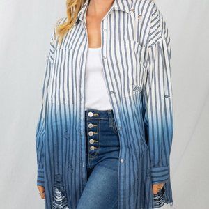 NEW WHITE BIRCH DISTRESSED FAYED boho western stripe OVERSIZED navy shirt SM-4X